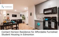 Visit Horizon Residence for affordable furnished student housing in Edmonton. We have a modern & furnished building that features free WiFi, games and lounge areas, on-site laundry, underground parking, and on-site property managers if you need assistance. 