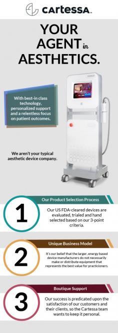 Cartessa Aesthetics has medical devices that offer clinically proven efficacy, patient safety, and the best possible patient experience as much as they deliver aesthetic results. Our range of products includes Vivace RF Microneedle, Motus AX, Elessa, Punto CO2, Evo Series, Forte, and Selphyl PRP. 