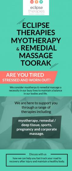 Whether you are tired, stressed or worn-out, Eclipse Therapies is the right place for you to visit. We provide myotherapy and remedial massage to maintain a balance in body & lives.
