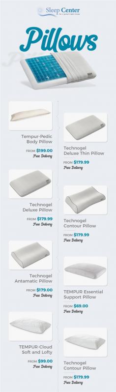 Discover a wide range of pillows online at Sleep Center. We stock pillows from top brands like Tempur-Pedic, Technogel, Symphony, and more. Pillows are available in various shapes, sizes, and colors.