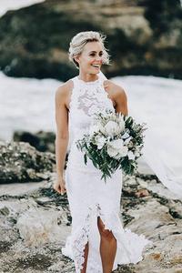 High Neck Sheath/Column Backless Lace Wedding Dress with Long Train
    
    
    
      – Angrila