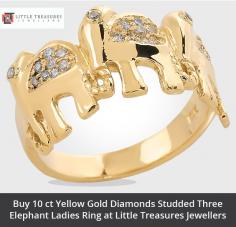 10 ct yellow gold diamonds studded three elephant ring is available to buy online and ship UK wide from Little Treasures Jewellers.