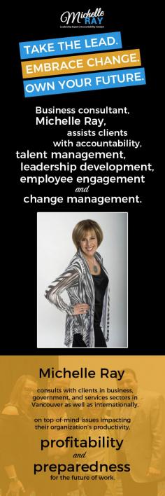 Michelle Ray has been working with leaders and teams as a business consultant, providing services that include Accountability, Talent Management, Employee Engagement, Leadership Development, and Change Management, increasing organization’s productivity, profitability and preparedness for the future. Contact us today! 