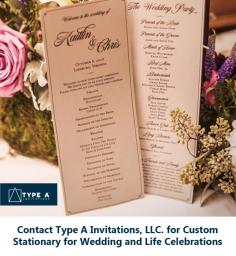 Get in touch with Type A Invitations, LLC. for custom stationery for branding, wedding,  and other celebrations. We also work with corporate clients and other small businesses to create logos and overall branding. 