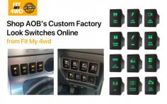Shop for AOB’s custom factory look switches online in Australia from Fit My 4wd. These 12-volt push switches feature Laser etched symbols and are super easy to install. 