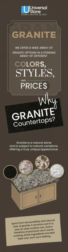 Granite countertops offer gorgeous aesthetics in kitchens and bathrooms. Universal Stone delivers high-quality granite countertops available in different colors, styles, and prices options.