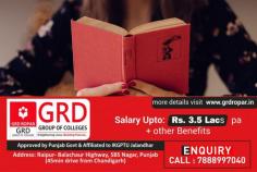 GRD College In Ropar is the leading institution in Punjab which provides holistic growth to the students in their career, helped with a special team of experts in theoretical as well as practical areas of the curriculum. It has a sprawling campus and is located just 45 min away from Chandigarh at Ropar- Balachaur Highway.