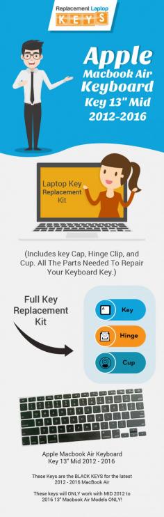 Replace the damaged or worn-out keys of your Apple MacBook Air 13" Keyboard Key of model 2012-2016 from Replacement Laptop Keys. Here, we provide 100% OEM guaranteed keys with a free video installation guide which will help you to replace the keys yourself. https://www.replacementlaptopkeys.com/apple-macbook-air-keyboard-key-13-mid-2012-2016