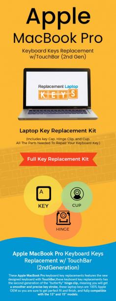 Order top-quality Apple MacBook Pro keyboard replacement keys online from Replacement Laptop Keys. Our 100% OEM newly designed 2nd Gen keys feature the keyboard with touch bar. 