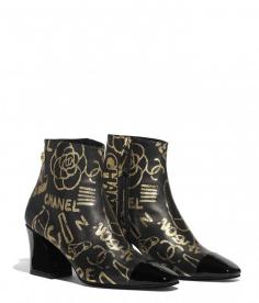 Ankle Boots, printed lambskin & patent calfskin, gold & black - CHANEL