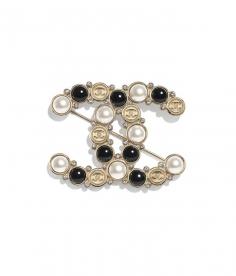 Brooch, metal, glass pearls, imitation pearls & diamanté, gold, pearly white, black & crystal - CHANEL