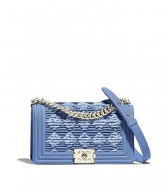 BOY CHANEL Handbag, pleated denim & gold-tone metal, light blue - CHANEL