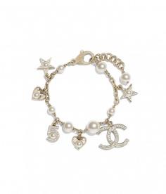 Bracelet, metal, glass pearls & diamantés, gold, pearly white & crystal - CHANEL