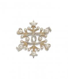 Brooch, metal, glass pearls & diamantés, gold, pearly white & crystal - CHANEL