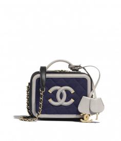 Small Vanity Case, jersey, calfskin & gold-tone metal, navy blue, black & grey - CHANEL