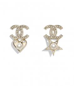 Clip-On Earrings, metal, glass pearls & diamantés, gold, pearly white & crystal - CHANEL