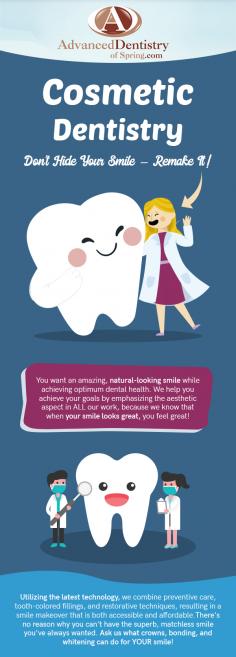 Do you want amazing and natural-looking smile as well as achieve optimal dental health? Visit Advanced Dentistry of Spring as we will help you achieve your goals with cosmetic dentistry. With state-of-the-art technology, we aim to help you attain the smile of your dreams. 