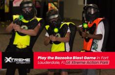 Join your team in our innovative Glow-in-the-Dark Arena for Bazooka Blast Team Challenges – an award-winning combat game that fires 2″ foam balls from a real paintball cannon. 