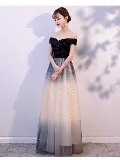 A-line Off Shoulder Tulle Matric Dance Dress Sequins