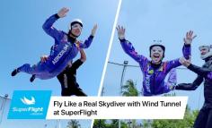 Feel the excitement of flight like a real skydiver with SuperFlight. Our wind tunnel generates 120 miles per hour winds to let you fly like a bird up to 10 feet high.
