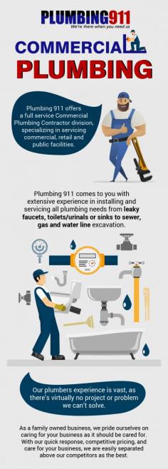 Plumbing 911 is a fully insured, bonded and licensed master plumbing company, specializing in servicing commercial facilities. We aim to care for your business by providing a range of services like drain cleaning, sump pump, faucet repair, excavating, and more. 