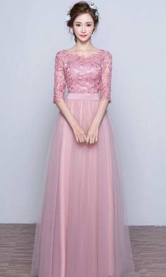 Pink Applique Bateau Half Sleeves Prom Dresses Long KSP473
