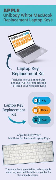 Having damaged or broken Apple Unibody White MacBook keyboard keys? Replace them with new ones from Replacement Laptop Keys. Our keys are original from manufacturer and fully compatible for the unibody version. 