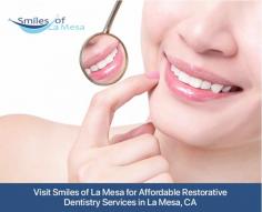 Restore your smile with affordable restorative dentistry services in La Mesa, CA from Smiles of La Mesa. Our range of services includes periodontal disease treatment, root canal, dentures, tooth extraction, and more Get in touch today!