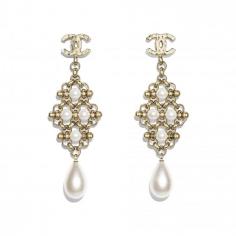 Earrings - Gold & Pearly White - Metal & Imitation Pearls