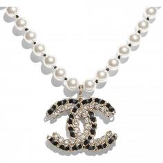 Necklace - Gold, Pearly White, Black & Crystal - Metal, Glass Pearls, Lambskin & Strass