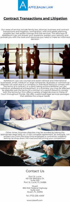 Our areas of service include family law, divorces, business and contract transactions and litigation, immigration, wills and estate planning, probate law, real estate closings and title services. The attorneys of Apfelbaum Law will answer your questions, explain your options, and provide you with the tools and resources you need to make an informed decision. 