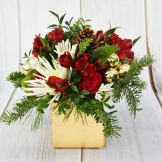 ADD A TOUCH OF THE HOLIDAY SPARKLE WITH THIS ARRANGEMENT FEATURING ASSORTED PINES, SHORT STEM ROSES AND MINI GREEN HYDRANGEA. CONTAINER COLOR MAY VARY.

