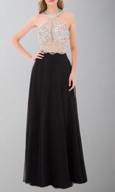 Embellished Crystal Long Black Halter Straps Prom Dresses KSP541