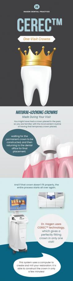 Restore your damaged teeth in a short time with CEREC one-visit crowns from Hagen Dental Practice. This technology uses a computer to create and mill your restoration and you will love the ease and convenience of a crown made with CEREC. For more details, browse our website. 