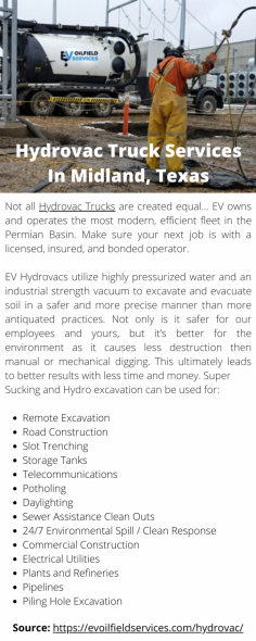  EV Oilfield Services is the best hydrovac truck service provider in Midland, Texas. EV Hydrovacs utilize highly pressurized water and an industrial-strength vacuum to excavate and evacuate soil in a safer and more precise manner than more antiquated practices. Learn more information about our hydrovac truck services by visiting our website.