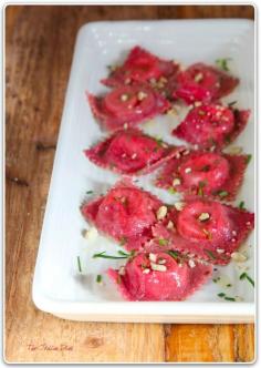 Beet Pasta Ravioli with Goat Cheese, Hazelnuts and Chives II The Italian Dish