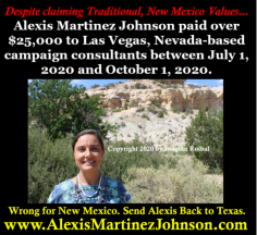 A blog post about US Congressional Candidate Alexis Johnson for US House NM03. This article discusses recent FEC findings where she paid out of state campaign consultants over $25,000 from July 1, 2020 to October 1, 2020.
