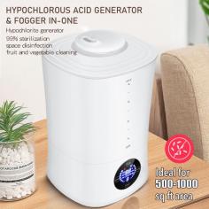Hypocholorous Acid Maker and Fogger in one. Produces 3 concentration Levels. Built in timer. Remote included!