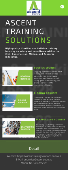 Ascent Training Solutions is an organization that deals with the best training services for construction. They aim to provide high quality, flexible, and reliable training, giving hands-on real-world skills to meet the highest standards of safety and compliance in the industry. To know more about them kindly check out the official website or contact us on 07 5658 0040

