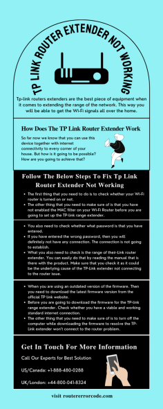 This might help you resolve the issue of the tp link router extender not working. There can be a possibility where you are facing this issue and are not able to resolve it. For more information, get in touch with us. Just dial US/Canada: +1-888-480-0288 and UK/London: +44-800-041-8324. We are 24*7 available. Read more:- https://bit.ly/3pssiDe