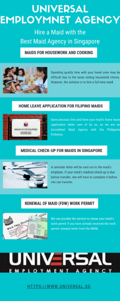 Hire a Maid in Singapore By Universal Employment Agency

Are you looking to hire a maid with the help of the best maid agency in Singapore? Then you must switch to a universal employment agency which is one of the best maid agencies in Singapore that specializes in the placement of maids. For more information visit our official website. 