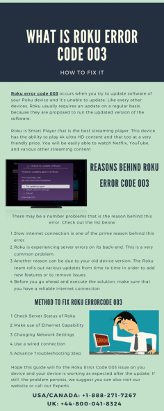 Roku Error Code 003 is one of the well-known errors which users face and as a result, their player stops working. It occurs when you try to update software on your Roku device and it’s unable to update. Like every other device, Roku usually requires an update on a regular basis because they are proposed to run the updated version of the software. To fix this issue, just follow our step or call our experts at USA/Canada: +1-888-271-7267 and UK: +44-800-041-8324