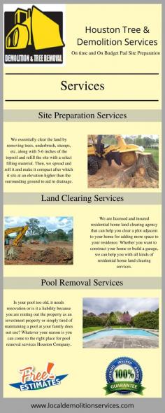 Commercial Demolition Houston | Houston Tree & Demolition Services

If you plan to clear a land filled with trees and bushes, you might be looking for an experienced and professional company. The most challenging task of land clearing is to get the right equipment. Houston Tree & Demolition Services has all equipment like Mowers, Stump Grinder, Hydro-Melchers etc which are essential for the Land clearing. If you are Interested then call us today at 7138226966.