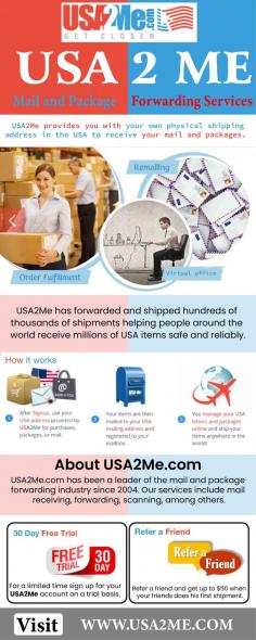 USA2Me has been a leader in the International mail forwarding and package forwarding industry. USA2Me accepts your items from any courier and photographs and logs your items. USA2ME is your own USA Mailing Address for Mail and Package Forwarding & Shipping Service. To get started with our remailing services, please contact us at (281)361-7200.
