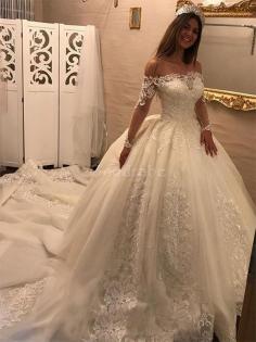 Robe de mariée textile en tulle appliques de traîne longue avec manche longue junoesque