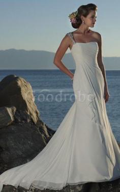 Robe de mariée d'épaule asymétrique avec perle de traîne courte manche nulle a plage