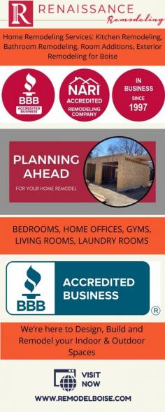 Meridian Home Remodeling | Renaissance Remodeling, Inc.

Renaissance Remodeling is a home design and remodeling company providing services in Boise, USA. We specialize in bathroom, kitchen and outdoor living space remodel, etc. We are Boise-based remodeling contractors active since 1997. Our professional employees are well sound in Home remodeling and kitchen renovation. I am sure you are in hurry to avail of our offers and discounts, just click over the link to get full details .
FREE Remodeling Contractors Boise Consultation - Call: (208) 384-0592
