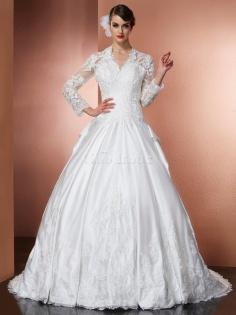 Robe de mariée v encolure fermeutre eclair de princesse a-ligne decoration en fleur