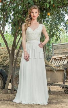 Abito da Sposa Cappellino Semplice con Manica Corte in Chiffon V-Scollo