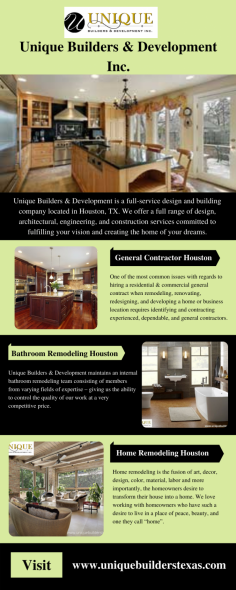 Unique Builders & Development is a full-service Home Remodeling company located in Houston, TX. We have over 30+ years of general contractor experience in Houston, Texas. We leverage our core team of the best general contractors to remodel homes and commercial property in Greater Houston. For more information, contact us at (713)263-8138.